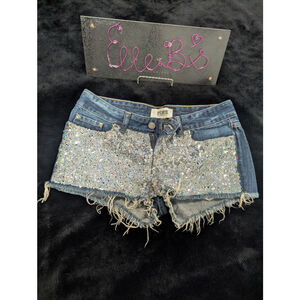 EUC VS PINK Sequin Front Med/Dark Wash Destroyed Denim Shorts **NO SIZE SEE PICS